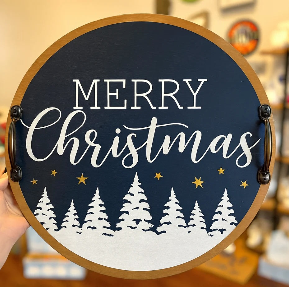 14" Round Merry Christmas with Tree Line
