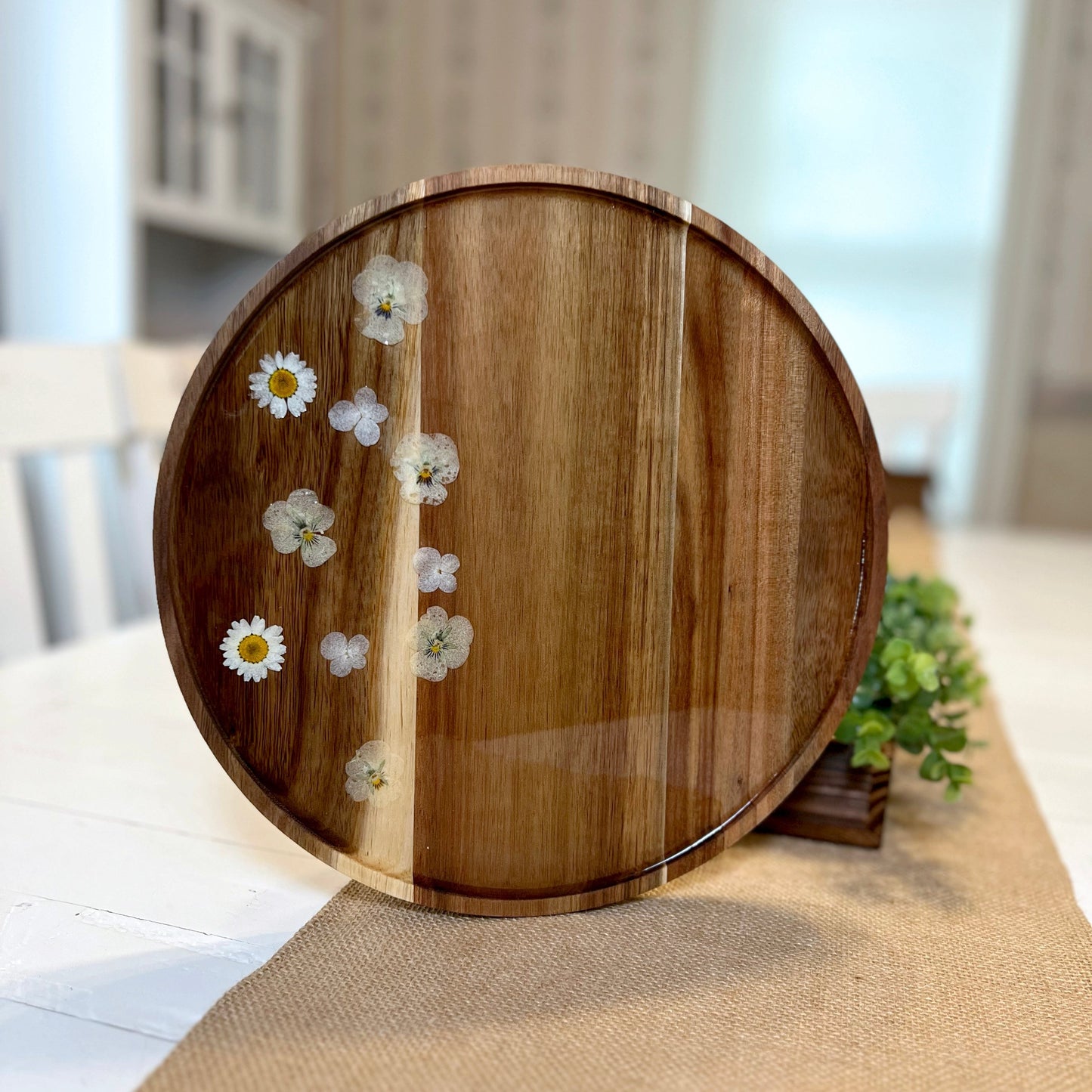Pressed Flower w/ Clear Resin Round Tray 12"