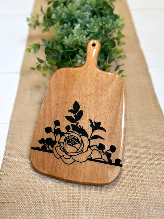 Painted Black Flowers w/ Clear Resin Cutting Board 10"