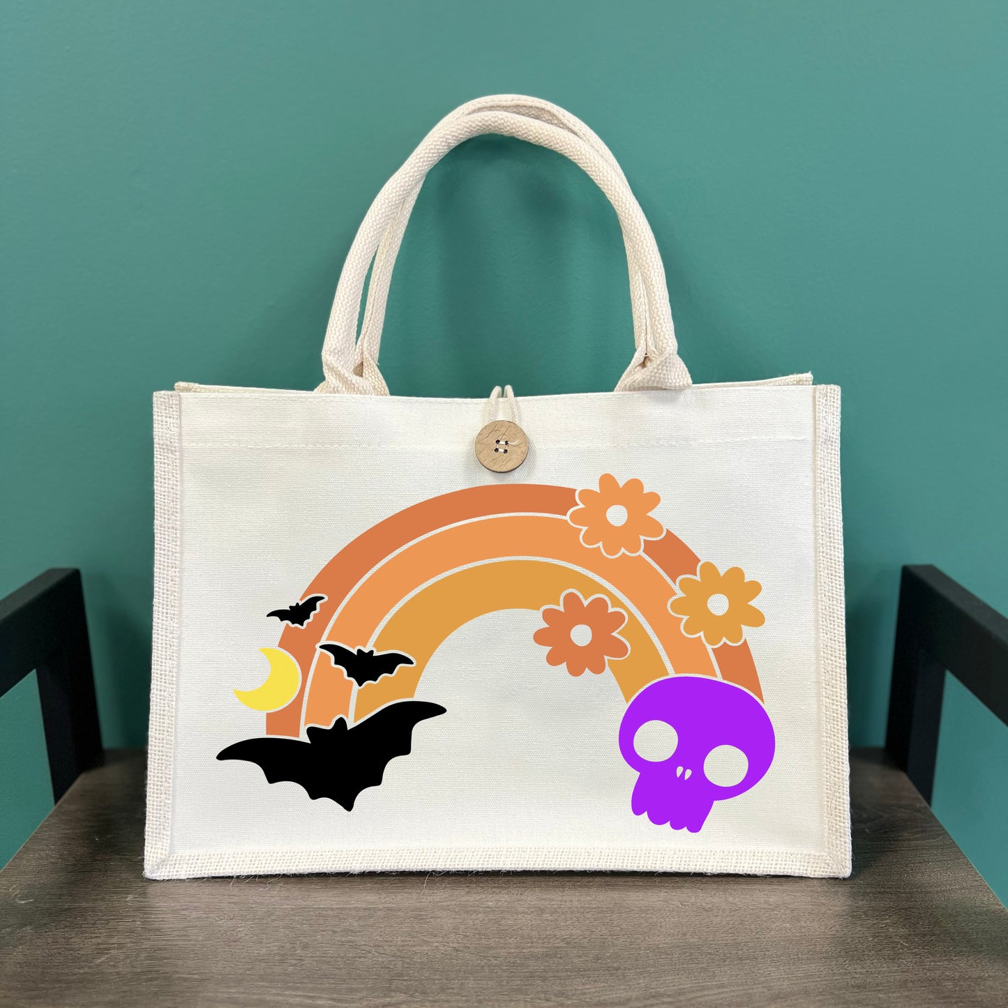 Boho Skull and Rainbow Button Tote