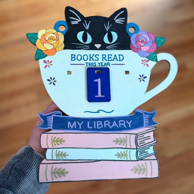 Hanging Cat in Teacup Books Read w/_____ Library