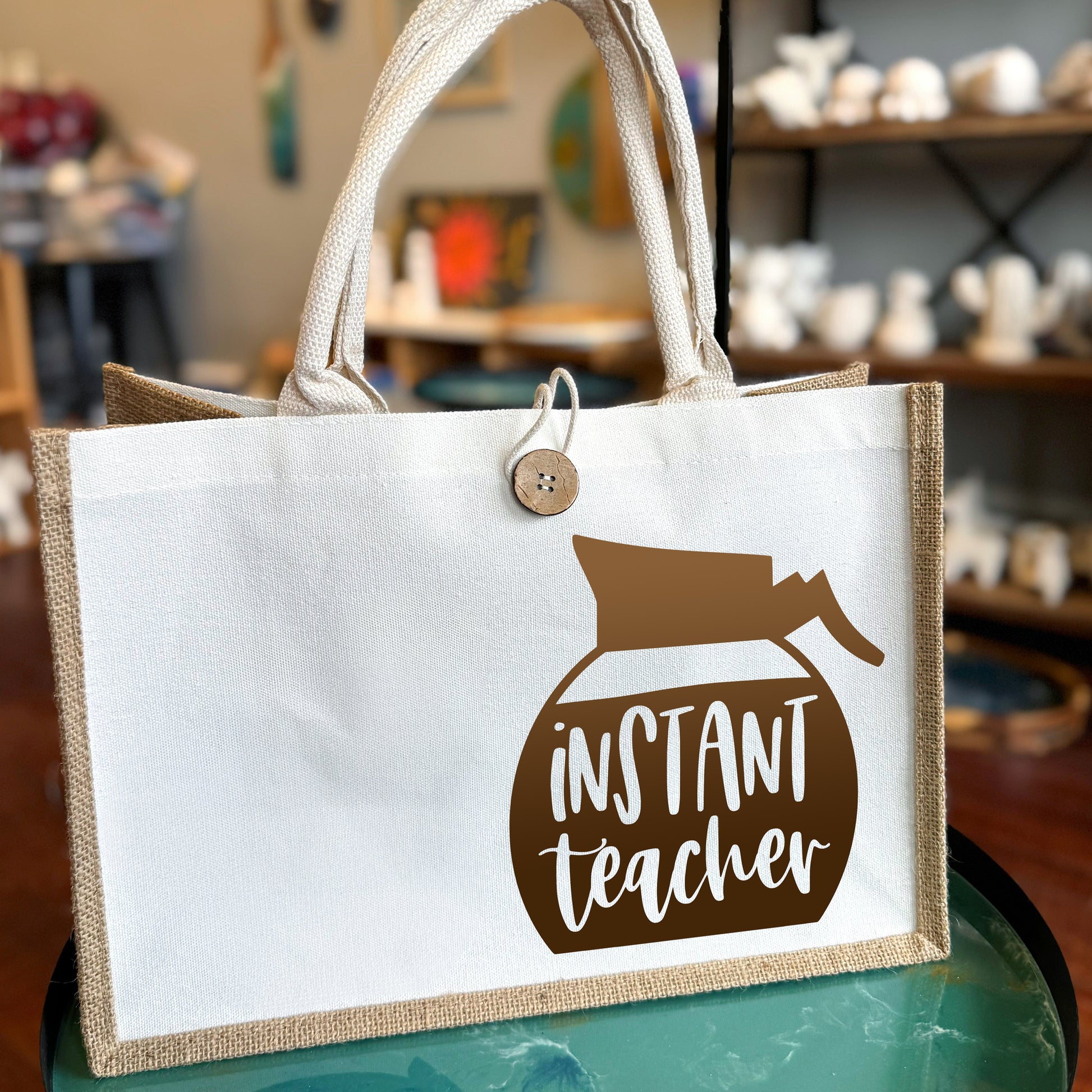 Instant Teacher Coffee Pot Button Tote