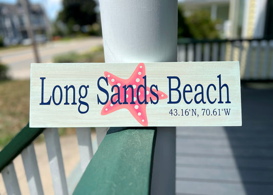 Long Sands Beach w/ Starfish 6x18" Coordinates Sign