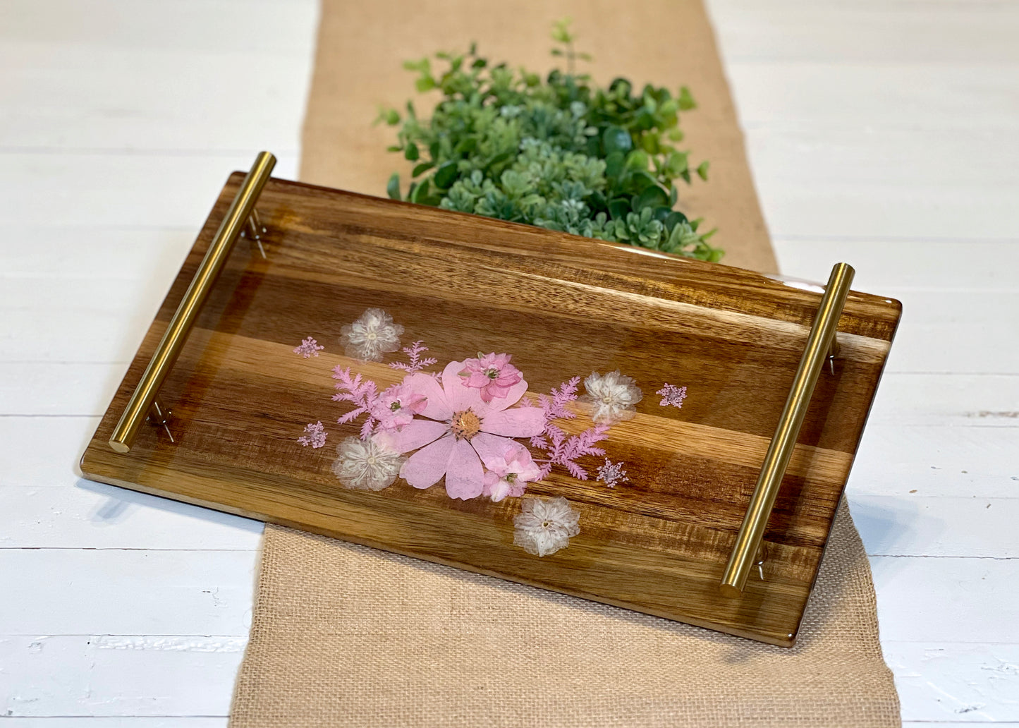 Pressed Flower & Clear Resin Tray w/ Gold Handles 15"