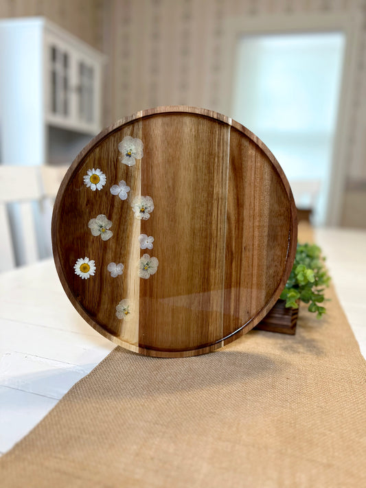 Pressed Flower w/ Clear Resin Round Tray 12"