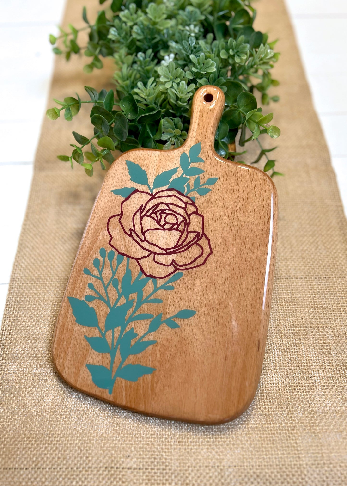 Painted Flower and Greens w/ Clear Resin Cutting Board 10"