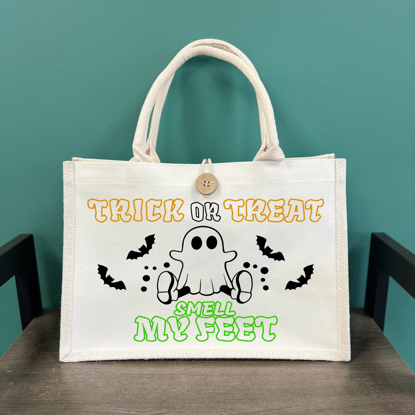 Trick or Treat Smell My Feet Button Tote