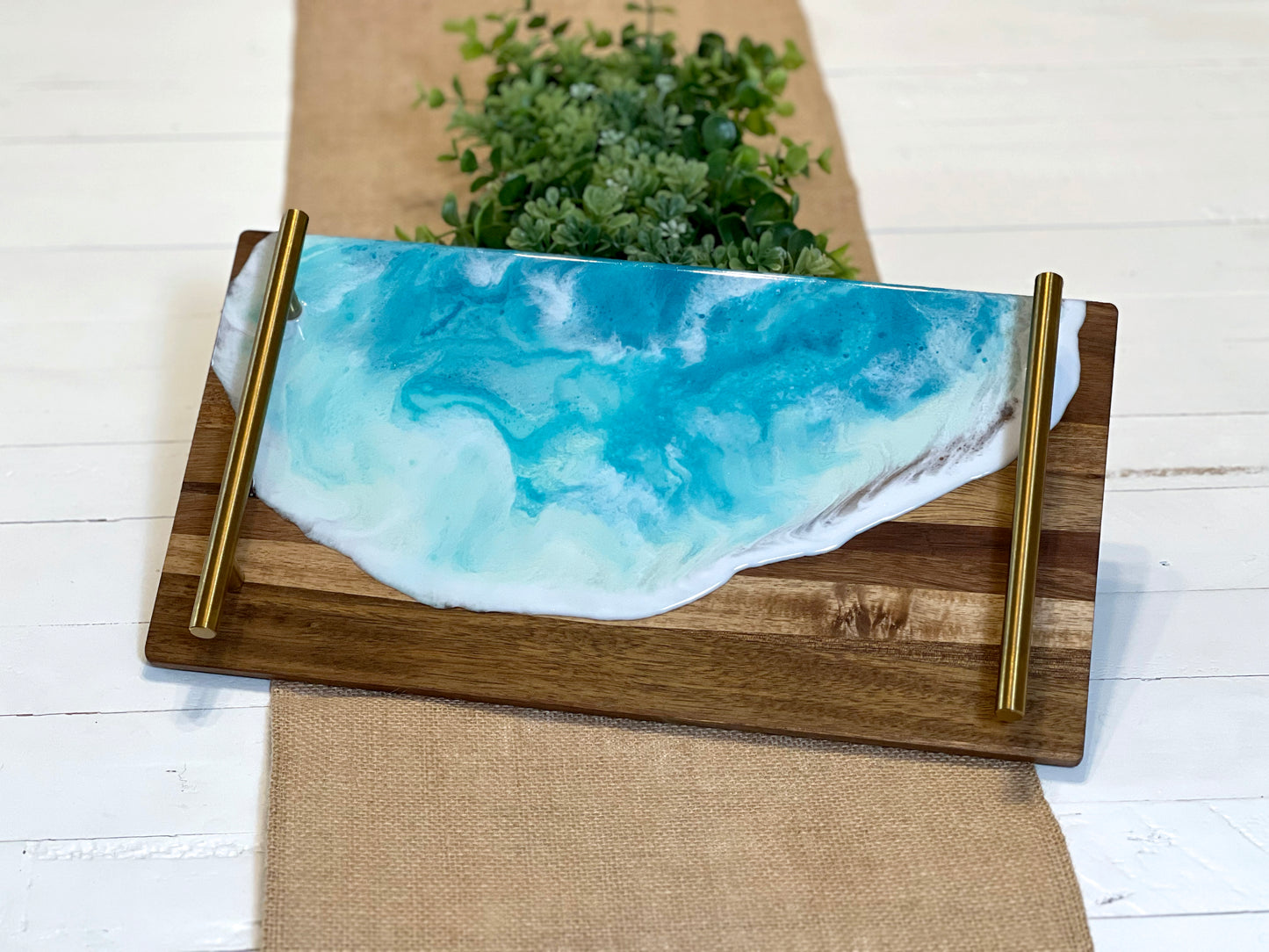 Ocean Waves Resin Tray w/ Gold Handles 15"