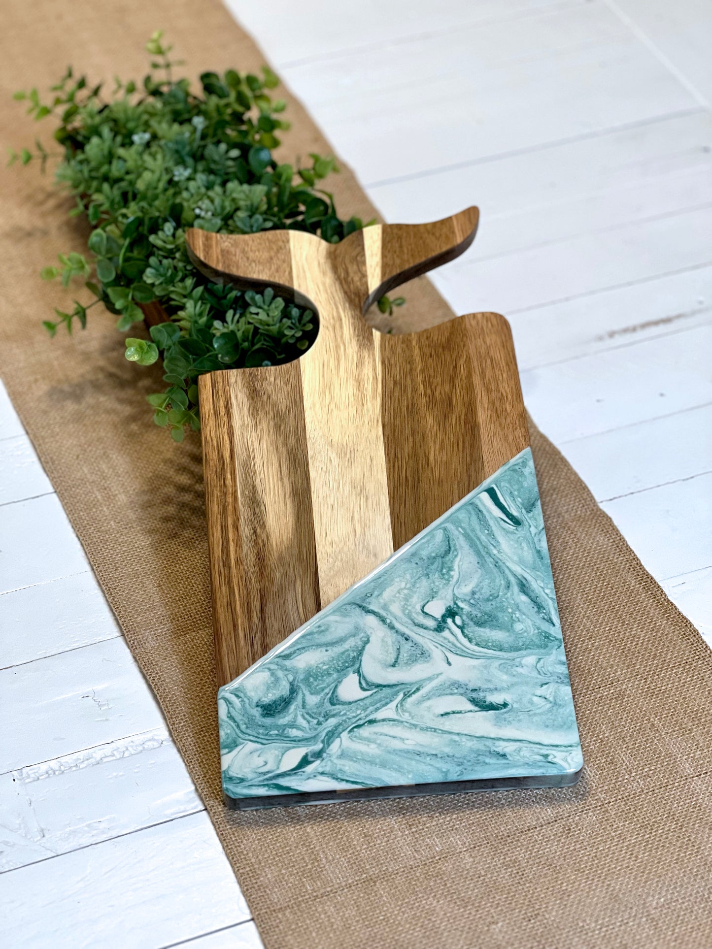 Marbled Greens Resin Whale's Tail Cutting Board 16"